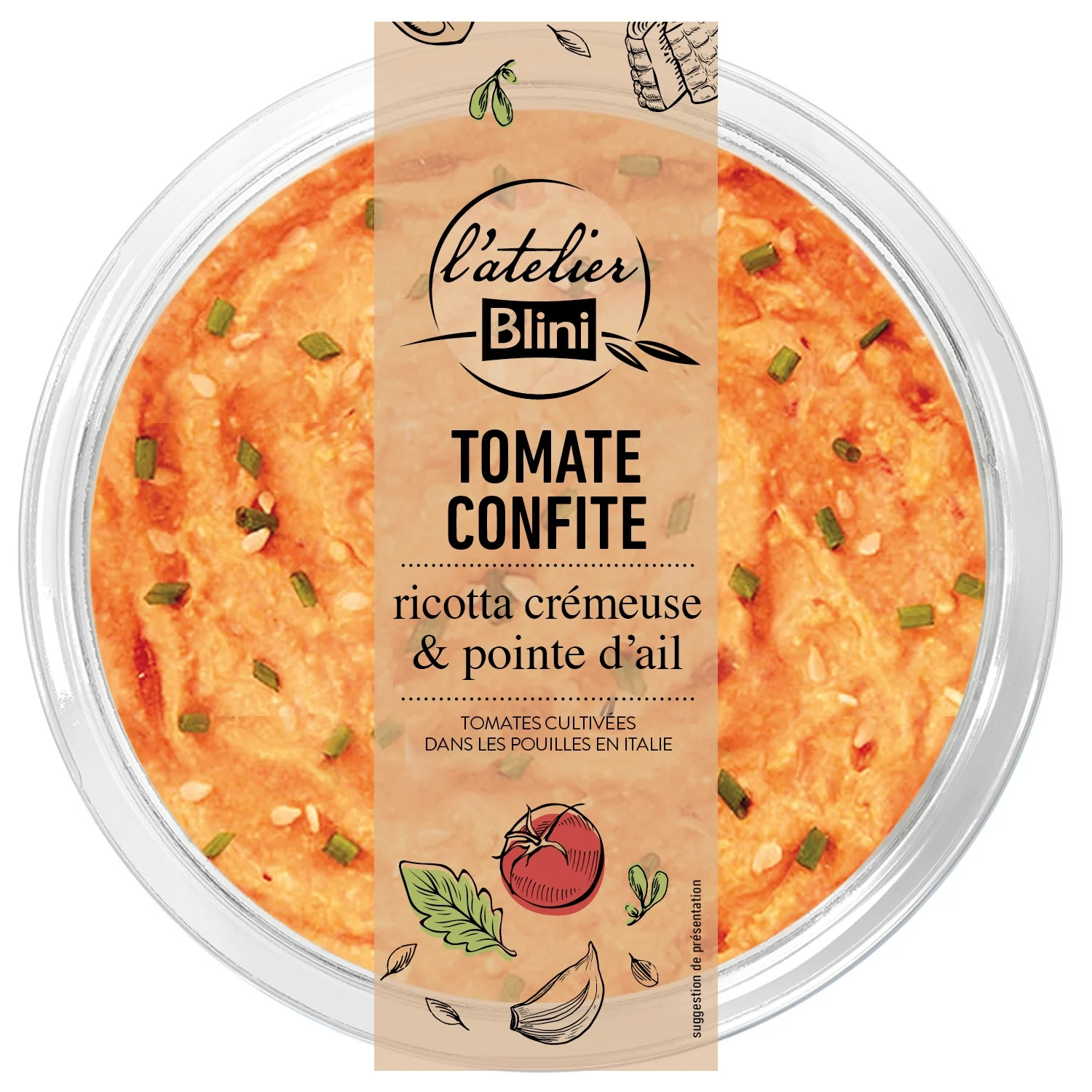 L'atelier blini pugliese tomatoes and creamy ricotta