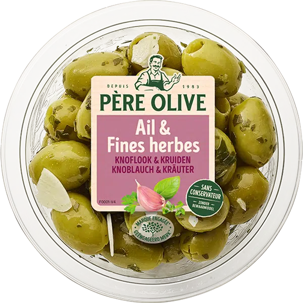 Pitted Green Olives with Garlic and Fine Herbs Père Olive