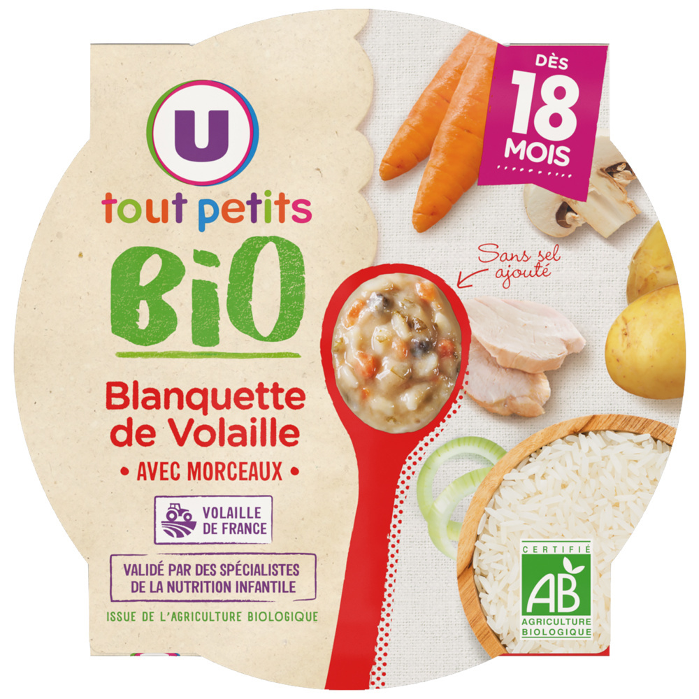 Plate of organic poultry blanquette U for baby