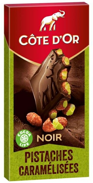Cote d'Or dark chocolate with caramelized pistachios 