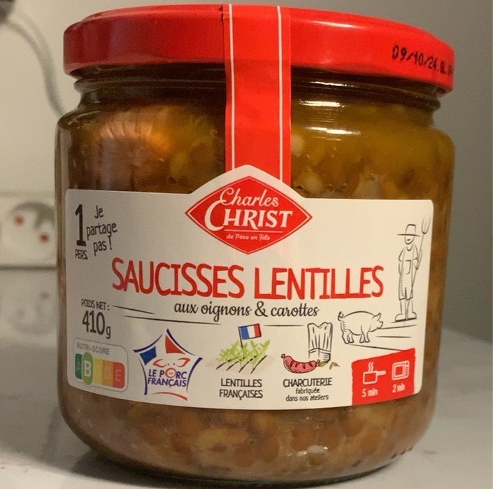 Charles Christ lentil sausages with onions and carrots 
