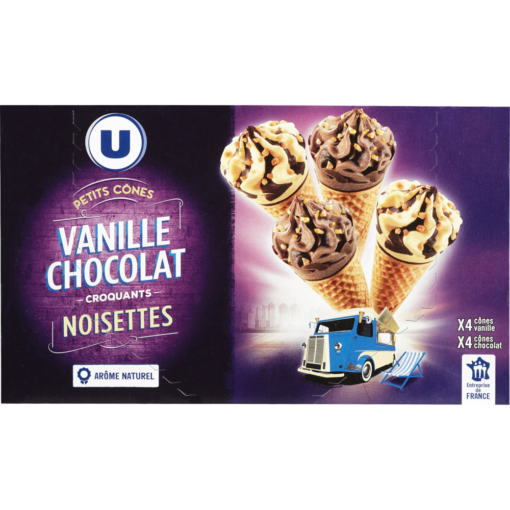 Vanilla and chocolate ice cream cones U